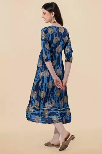 Blue golden cotton sequins embroidery foil gotta patti round neck 3/4 sleeve a-line fit kurta for women