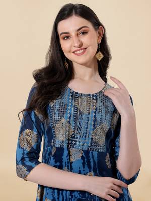 Blue golden cotton sequins embroidery foil gotta patti round neck 3/4 sleeve a-line fit kurta for women 4