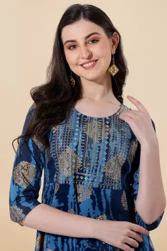 Blue golden cotton sequins embroidery foil gotta patti round neck 3/4 sleeve a-line fit kurta for women