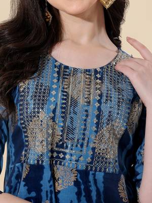 Blue golden cotton sequins embroidery foil gotta patti round neck 3/4 sleeve a-line fit kurta for women 5
