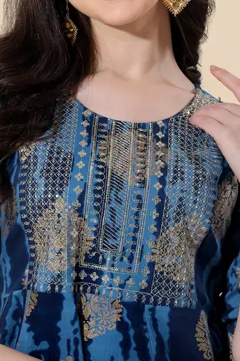 Blue golden cotton sequins embroidery foil gotta patti round neck 3/4 sleeve a-line fit kurta for women