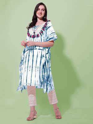 White blue rayon shibori print mirror embroidery silver zari work gotta patti tassels kaftan kurta for women 1
