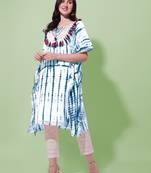 White blue rayon shibori print mirror embroidery silver zari work gotta patti tassels kaftan kurta for women