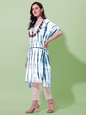 White blue rayon shibori print mirror embroidery silver zari work gotta patti tassels kaftan kurta for women 2