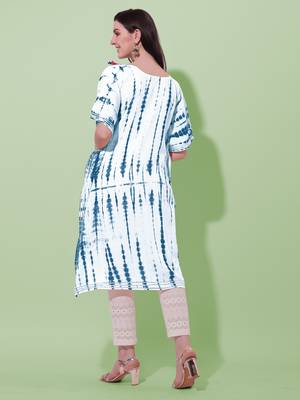 White blue rayon shibori print mirror embroidery silver zari work gotta patti tassels kaftan kurta for women 3