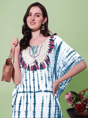 White blue rayon shibori print mirror embroidery silver zari work gotta patti tassels kaftan kurta for women 4