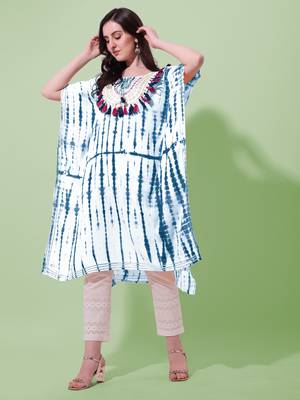 White blue rayon shibori print mirror embroidery silver zari work gotta patti tassels kaftan kurta for women 5