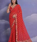 Red Bandhej Printed Floral Embroidered Saree For Ethnic Traditional Looks