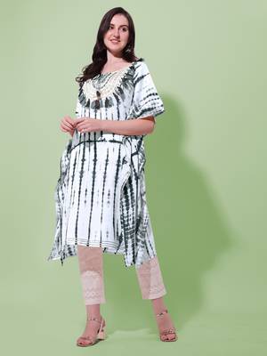 White black rayon shibori print mirror embroidery silver zari work gotta patti tassels kaftan kurta for women 1