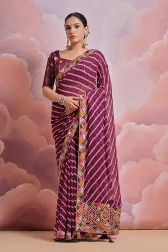 Wine Designer Bandhej Printed Floral Embroidered Saree For Ethnic Traditional Looks