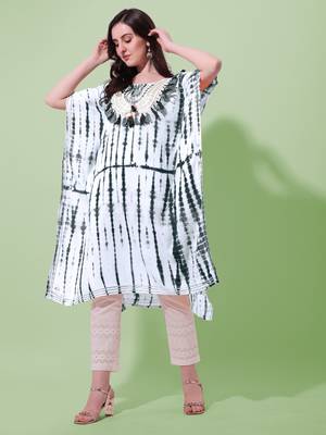 White black rayon shibori print mirror embroidery silver zari work gotta patti tassels kaftan kurta for women 4