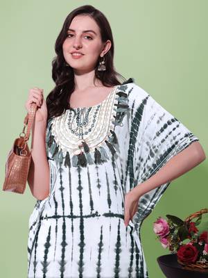 White black rayon shibori print mirror embroidery silver zari work gotta patti tassels kaftan kurta for women 5