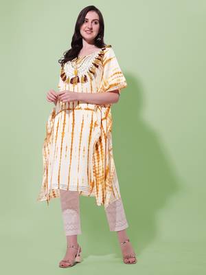 Cream mustard rayon shibori print mirror embroidery silver zari work gotta patti tassels kaftan kurta for women 1
