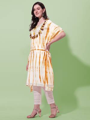 Cream mustard rayon shibori print mirror embroidery silver zari work gotta patti tassels kaftan kurta for women 2