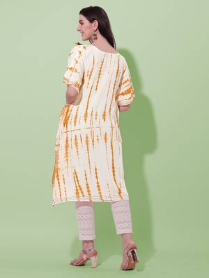 Cream mustard rayon shibori print mirror embroidery silver zari work gotta patti tassels kaftan kurta for women 3