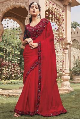 Red Shimmer c Designer Embroidery Work Girlish Partywear Saree 1