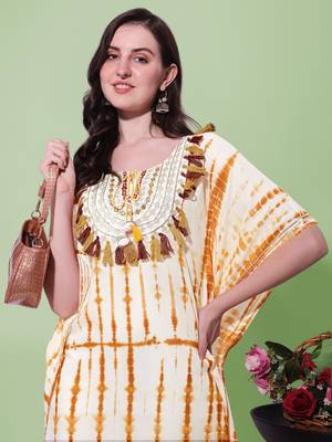 Cream mustard rayon shibori print mirror embroidery silver zari work gotta patti tassels kaftan kurta for women 4