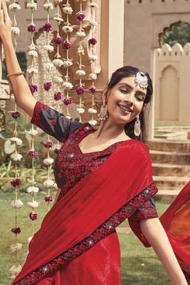 Red Shimmer c Designer Embroidery Work Girlish Partywear Saree 2