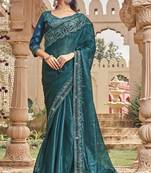 Teal Blue Colour Shimmer Fabric Designer Embroidery Work Girlish Partywear Saree