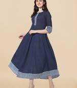 Navy blue cotton solid round neck 3/4 sleeve anarkali pattern kurta for women