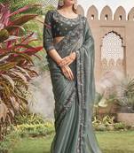 Grey Shimmer c Designer Embroidery Work Girlish Partywear Saree