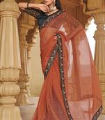Orange Fancy Partywear Embroidered Saree With Elegant Swarovski Work For Girlish Looks