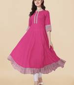 Pink cotton solid round neck 3/4 sleeve anarkali pattern printed frill border kurta for women