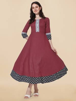 Maroon cotton solid round neck 3/4 sleeve anarkali pattern kurta for women 5