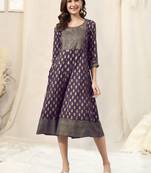 Wine golden rayon jaipuri print block print foil print mirror work round neck tassel kurta for women