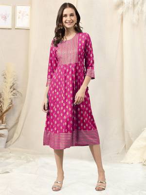 Pink golden rayon jaipuri print foil print block print mirror work round neck tassel kurta for women 1