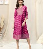 Pink golden rayon jaipuri print foil print block print mirror work round neck tassel kurta for women