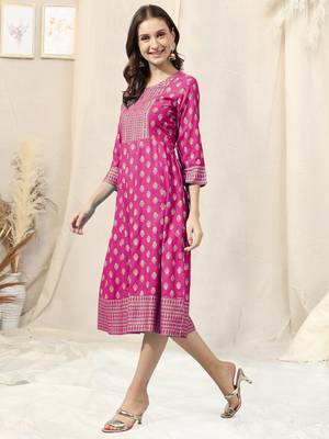 Pink golden rayon jaipuri print foil print block print mirror work round neck tassel kurta for women 2