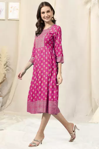 Pink golden rayon jaipuri print foil print block print mirror work round neck tassel kurta for women