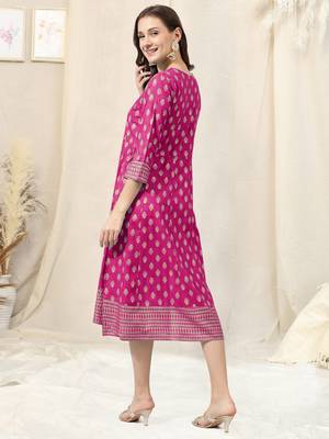 Pink golden rayon jaipuri print foil print block print mirror work round neck tassel kurta for women 3