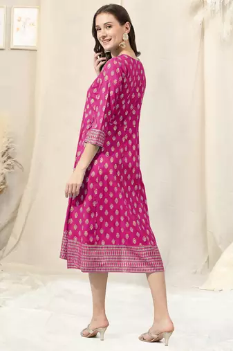 Pink golden rayon jaipuri print foil print block print mirror work round neck tassel kurta for women