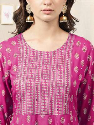 Pink golden rayon jaipuri print foil print block print mirror work round neck tassel kurta for women 4