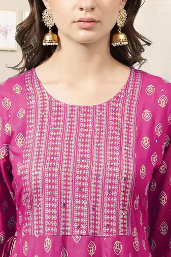 Pink golden rayon jaipuri print foil print block print mirror work round neck tassel kurta for women