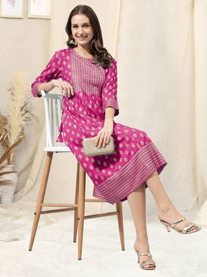 Pink golden rayon jaipuri print foil print block print mirror work round neck tassel kurta for women 5