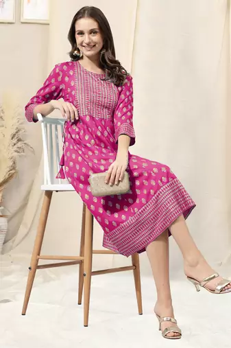 Pink golden rayon jaipuri print foil print block print mirror work round neck tassel kurta for women