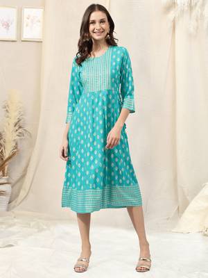 Turquoise golden rayon jaipuri print block print foil print mirror work round neck tassel kurta for women 1