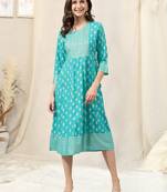 Turquoise golden rayon jaipuri print block print foil print mirror work round neck tassel kurta for women