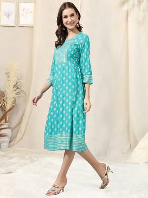 Turquoise golden rayon jaipuri print block print foil print mirror work round neck tassel kurta for women 2