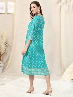 Turquoise golden rayon jaipuri print block print foil print mirror work round neck tassel kurta for women 3