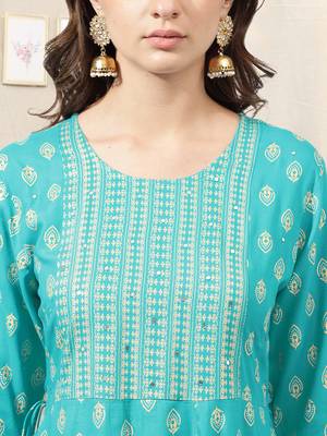 Turquoise golden rayon jaipuri print block print foil print mirror work round neck tassel kurta for women 4
