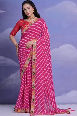 Pink Smart Leheriya Print Saree With Embroidery Work 1