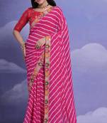 Pink Smart Leheriya Print Saree With Embroidery Work