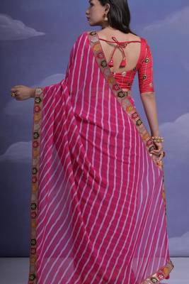 Pink Smart Leheriya Print Saree With Embroidery Work 2