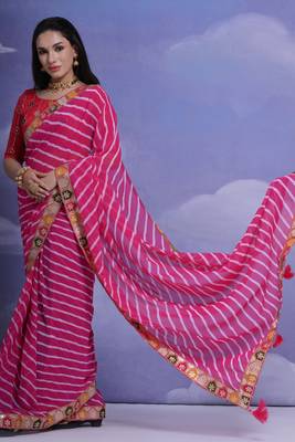 Pink Smart Leheriya Print Saree With Embroidery Work 3
