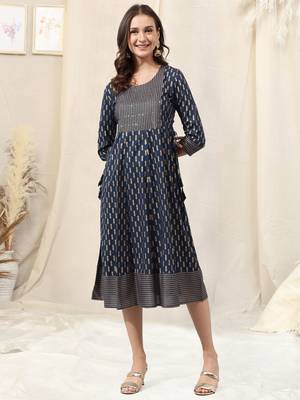 Navy blue rayon jaipuri print foil print block print mirror work round neck tassel kurta for women 1