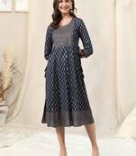 Navy blue rayon jaipuri print foil print block print mirror work round neck tassel kurta for women